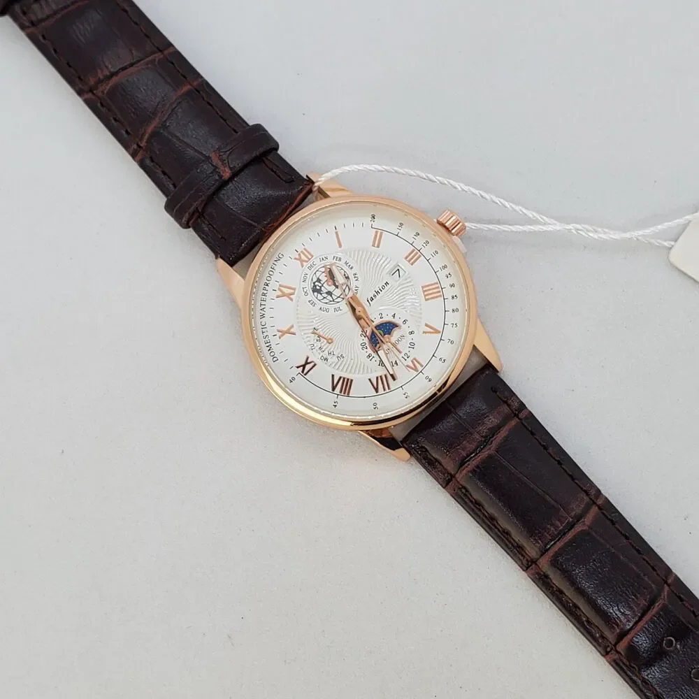 Men's 40MM Watch Gray Dial Brown Leather‎ Bands Roman Numerals Date Indicator